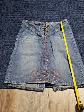 Blue Denim Embellished Lace-Up Skirt